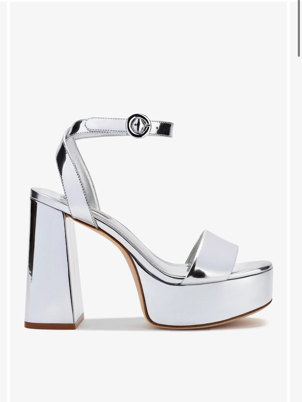 Larroude Dolly Silver Platform Block Heel Sandal with Ankle Strap